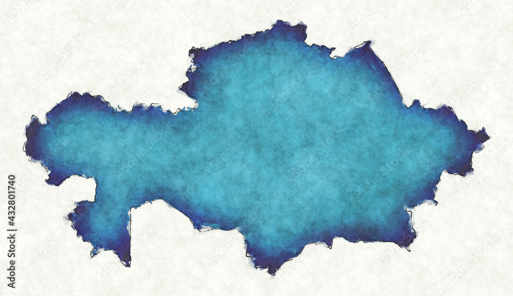 Kazakhstan map with drawn lines and blue watercolor illustration Kazakhstan map with drawn lines and blue watercolor illustration
