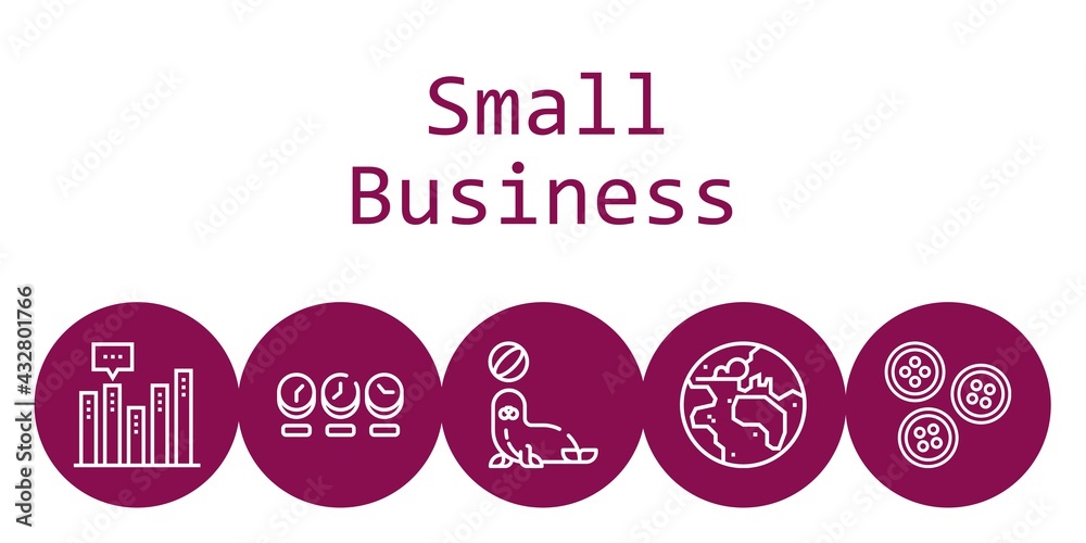 small business background concept with small business icons. Icons related planet earth, buttons, bar chart, seal, clock