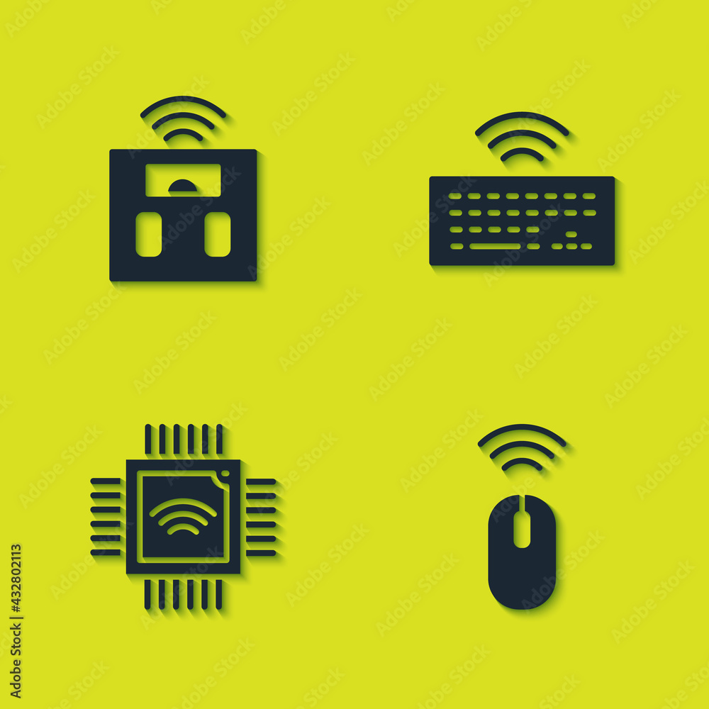 Set Smart bathroom scales, Wireless mouse, Processor with microcircuits CPU and keyboard icon. Vector Set Smart bathroom scales, Wireless mouse, Processor with microcircuits CPU and keyboard icon. Vector