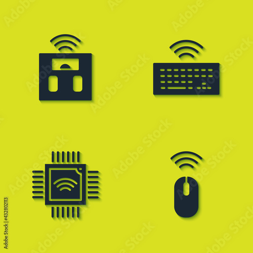 Set Smart bathroom scales, Wireless mouse, Processor with microcircuits CPU and keyboard icon. Vector