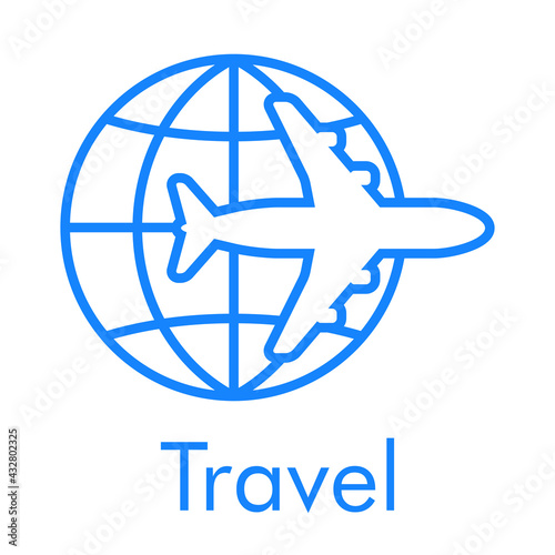 Logotipo con texto Travel y silueta de avión en globo terráqueo con lineas en color azul