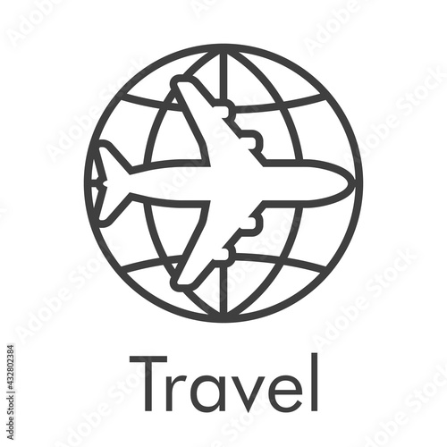 Logotipo con texto Travel y silueta de avión en globo terráqueo con lineas en color gris