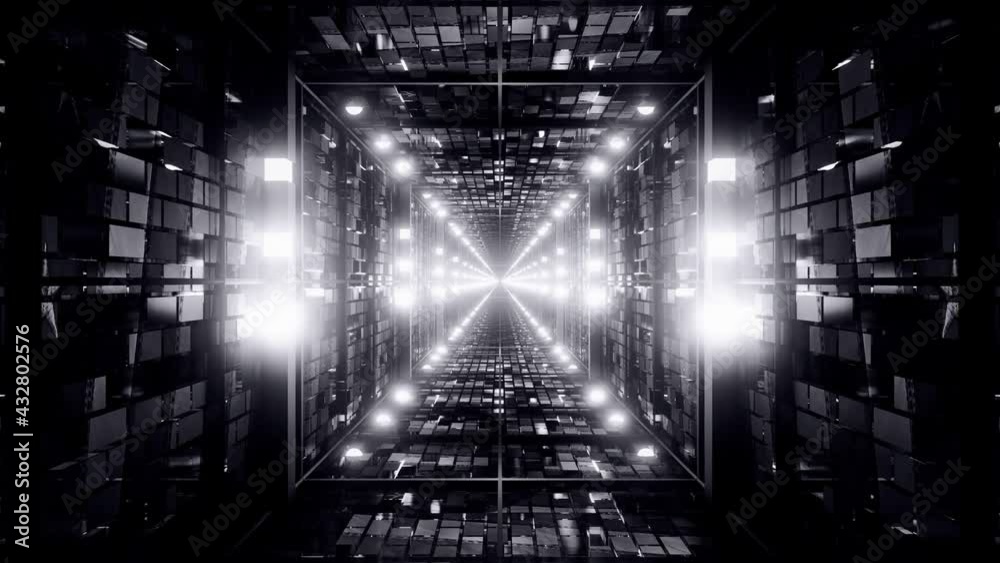 Dark gloomy monochromatic square shaped tunnel. Vj loop of cifi glass structures. Lights leading into the distance