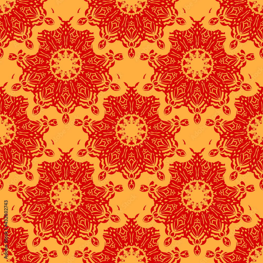 Red and yellow seamless pattern with vintage ornament. Good for covers, fabrics, postcards and printing. Vector