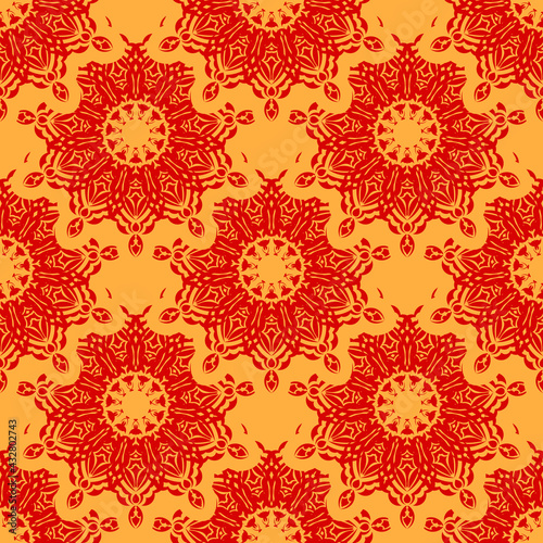 Red and yellow seamless pattern with vintage ornament. Good for covers, fabrics, postcards and printing. Vector