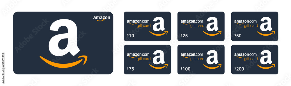 Amazon Gift Card black set. Isolated generic dark gift cards set on white  background. Realistic plastic present card. Value amount 10, 25, 50, 75,  100, 200 dollars. Vector illustration. Stock-Vektorgrafik | Adobe Stock