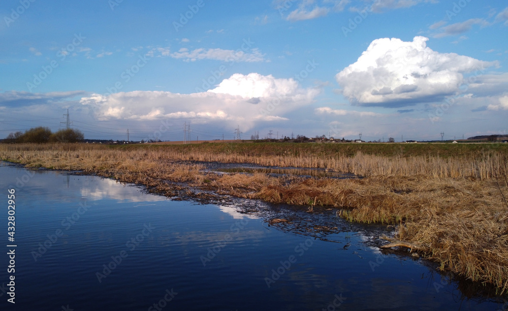 View of the landscape of the river and the reflection of the sky in the water