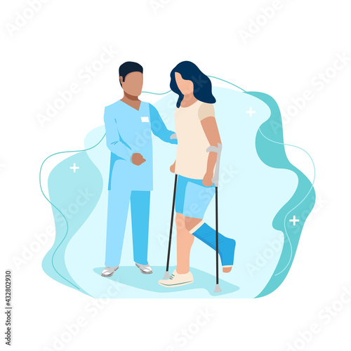A nurse helps a patient with a broken leg walk on crutches. Doctor and patient. A girl with a cast leg on crutches. Flat background vector illustration.