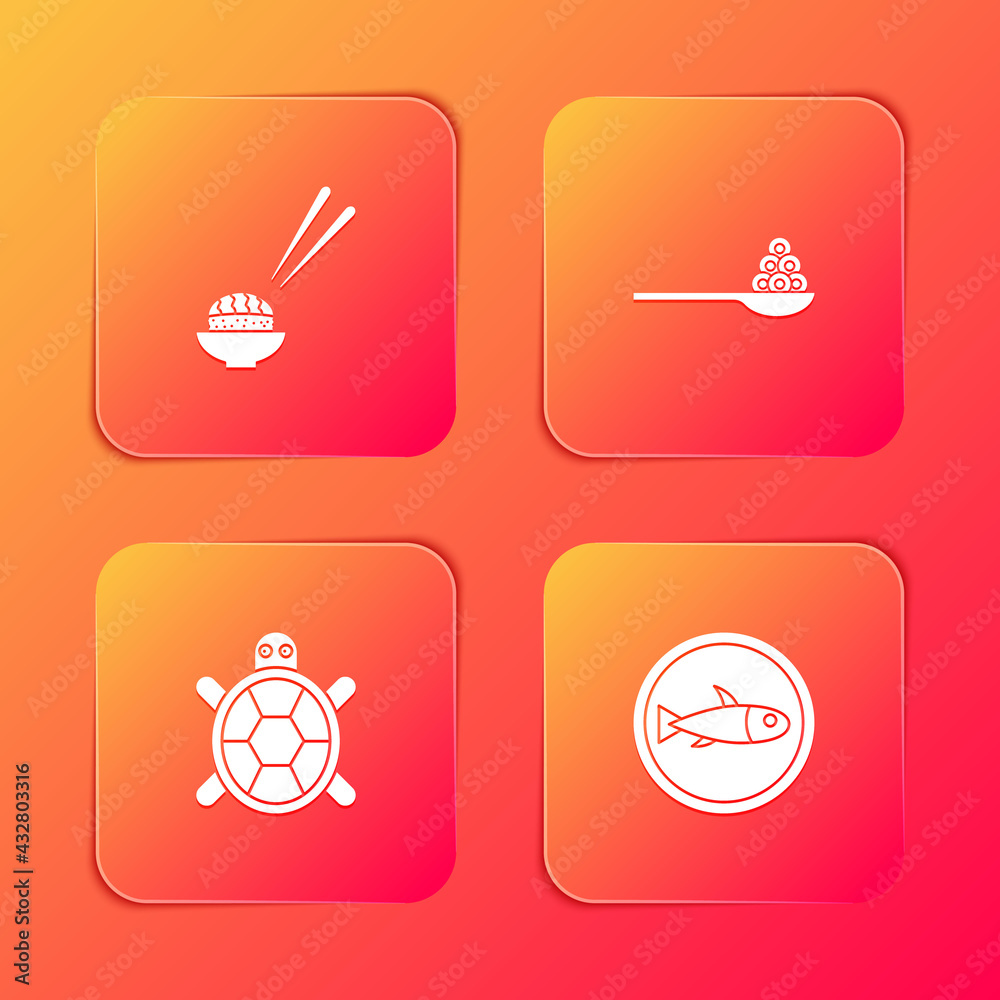 Set Sushi, Caviar on a spoon, Turtle and Served fish plate icon. Vector