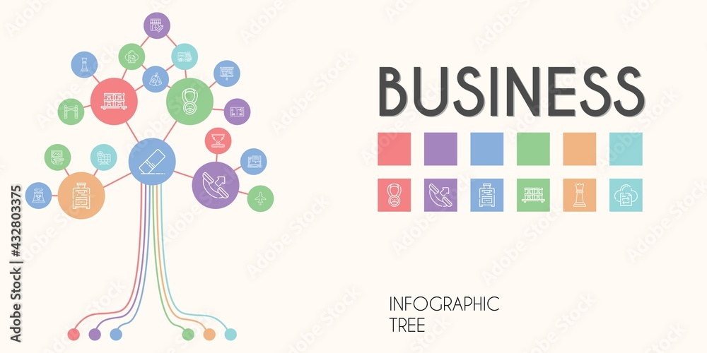 business vector infographic tree. line icon style. business related icons such as plane, eraser, file transfer, suitcase, stores, truck, nuclear plant, laptop, presentation, planning