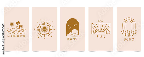 Cute background for social media.Set of instagram story with shape,sun,rainbow