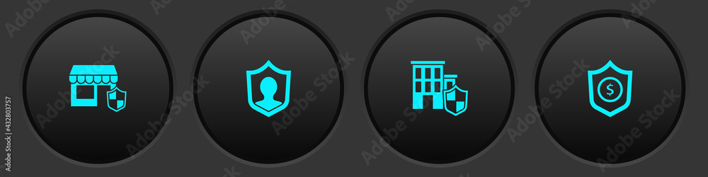 Set Shopping building with shield, Life insurance, House and Shield dollar icon. Vector Set Shopping building with shield, Life insurance, House and Shield dollar icon. Vector