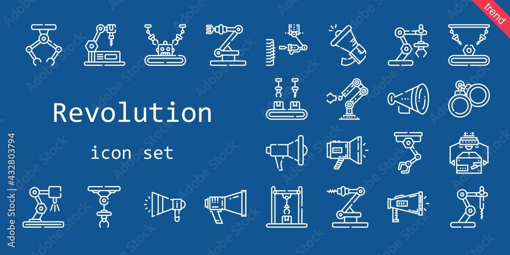 revolution icon set. line icon style. revolution related icons such as megaphone, handcuffs, protest, industrial robot revolution icon set. line icon style. revolution related icons such as megaphone, handcuffs, protest, industrial robot