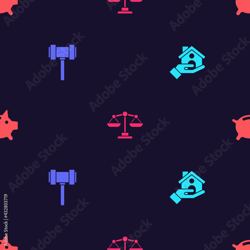 Set House insurance, Judge gavel, Scales of justice and Piggy bank on seamless pattern. Vector