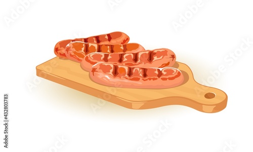 Aromatic wieners freshly grilled served on wooden board. Vector bbq meal, cooking, tasty protein dish, barbequed sausages. Yummy portion idea isolated on white background