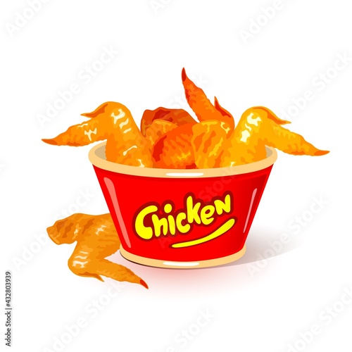 Fried chicken wings with golden crust. Vector quick snack served in bucket. Medium drip of fastfood chicken dish isolated on white. Food delivery and nosh concept