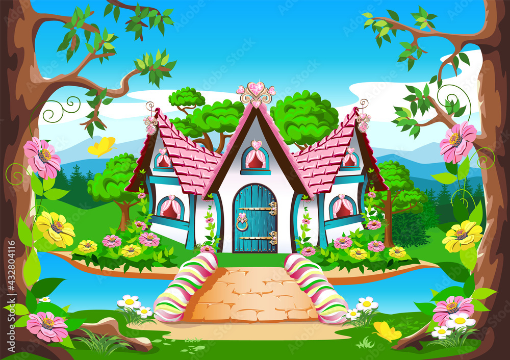 Fairy tale house with a pink roof and hearts made of precious stones ...