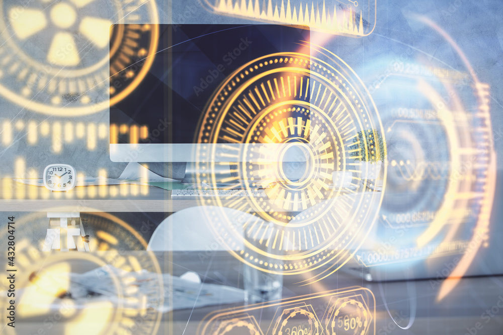 Double exposure of tech theme drawings and office interior background. Technology concept. Double exposure of tech theme drawings and office interior background. Technology concept.