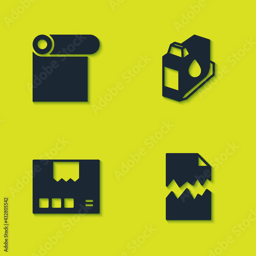 Set Roll of paper, Torn document, Carton cardboard box and Printer ink cartridge icon. Vector