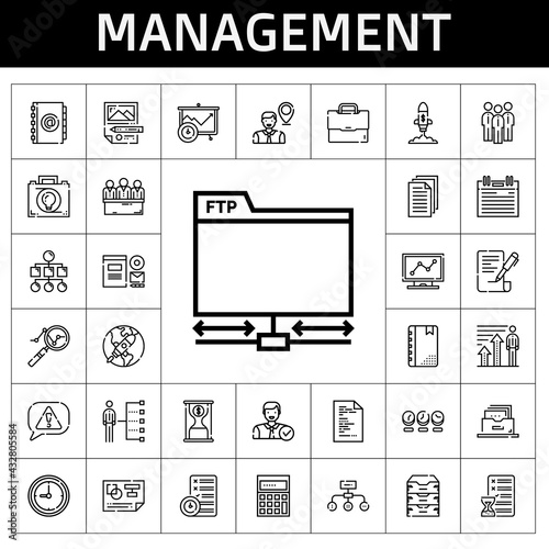management icon set. line icon style. management related icons such as profits, ftp, hierarchical structure, briefcase, contract, time is money, branding, calculating, archive