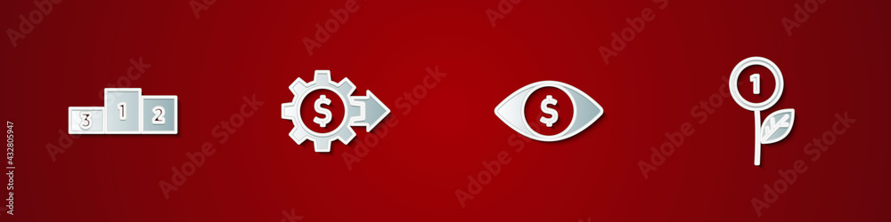 Set Business podium, Gear with dollar, Eye and Dollar plant icon. Vector Set Business podium, Gear with dollar, Eye and Dollar plant icon. Vector