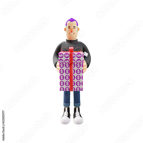 3D Cool Man Cartoon Design having a gift
