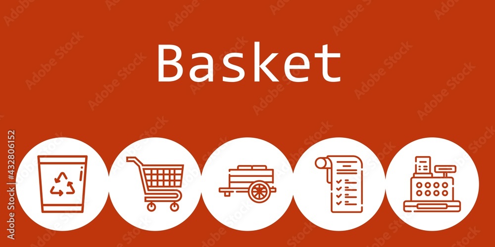 basket background concept with basket icons. Icons related shopping list, recycle bin, carts, cashier, cart