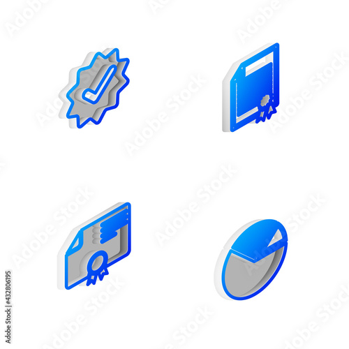 Set Isometric line Certificate template, Approved and check mark, and Pie chart infographic icon. Vector © vector_v