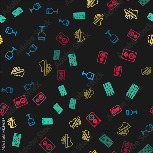 Set line Wine glass  Mobile Apps  Speaker mute and Stereo speaker on seamless pattern. Vector