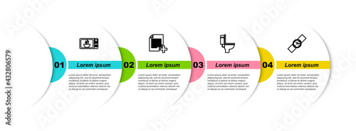 Set line Microwave oven, Add new file, Toilet bowl and Wrist watch. Business infographic template. Vector