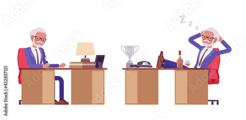 Handsome old man in elegant formal suit at desk, workplace. Bossy senior manager, gray haired active person above 50 years. Vector flat style cartoon illustration isolated on white background