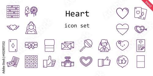 heart icon set. line icon style. heart related icons such as bride, like, garter, tic tac toe, poker, love letter, lollipop, toilet paper, sweets, valve, ace of diamonds, heart,
