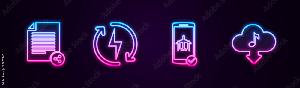 Set line Share file, Recharging, Flight mode the mobile and Cloud download music. Glowing neon icon. Vector Set line Share file, Recharging, Flight mode the mobile and Cloud download music. Glowing neon icon. Vector
