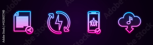 Set line Share file, Recharging, Flight mode the mobile and Cloud download music. Glowing neon icon. Vector