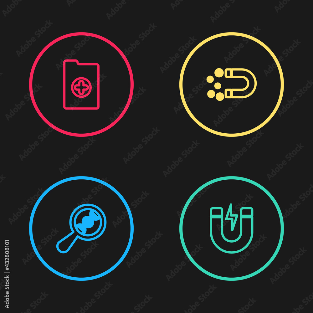Set line DNA research, search, Magnet with lightning, money and Clinical record icon. Vector Set line DNA research, search, Magnet with lightning, money and Clinical record icon. Vector