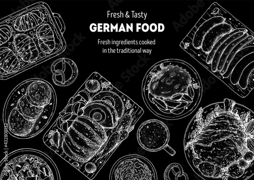 German food menu sketches. Design template. Hand drawn illustration. German cuisine. Black and white. Engraved style. Hand drawn food sketch illustration.