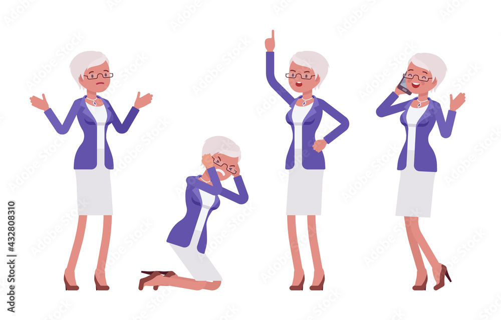 Attractive old woman, elderly businesswoman, elegant suit phone talk, teaching. Bossy senior manager, active person above 50 years. Vector flat style cartoon illustration isolated on white background
