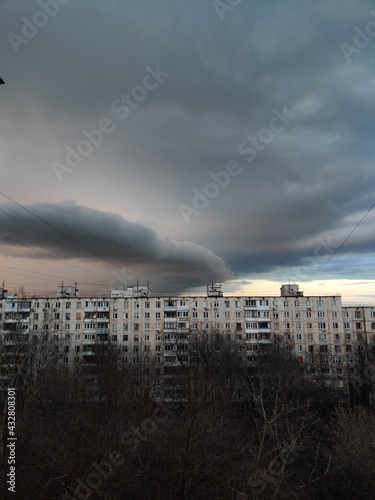 Thunderous clouds. the sleeping area of ​​Moscow is visible