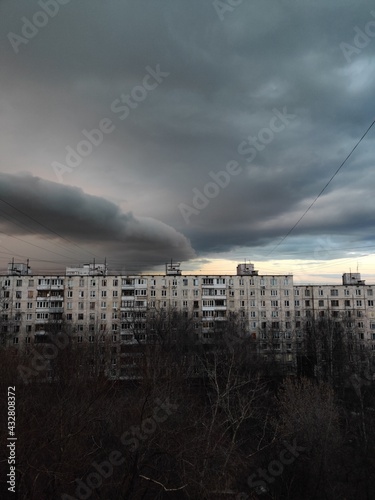 Thunderous clouds. the sleeping area of ​​Moscow is visible