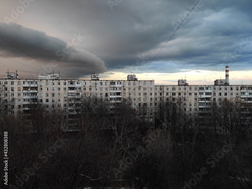 Thunderous clouds. the sleeping area of ​​Moscow is visible