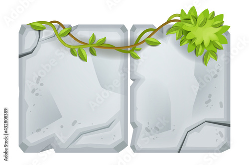 Stone carton vector sign board, cracked rock game ui design element, broken granite plate isolated on white. Jungle ancient ruin wall, creeper, green liana, leaves. Old stone sign icon, maya tablet