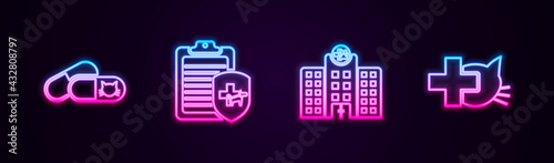 Set line Cat and pills, Clinical record pet, Veterinary medicine hospital and clinic. Glowing neon icon. Vector