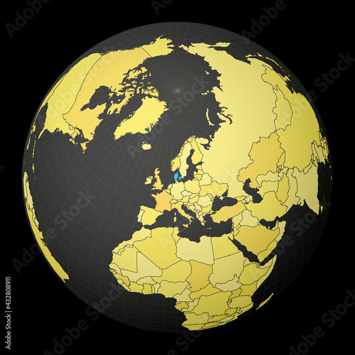 Denmark on a dark globe with a yellow world map. The country is highlighted with blue color. Satellite world projection centered to Denmark. Trendy vector illustration.