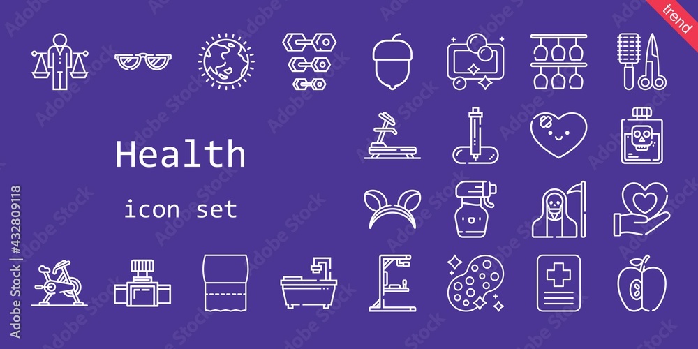 health icon set. line icon style. health related icons such as gym station, sponge, hazelnut, poison, death, stationary bike, dumbbell, ozone layer, heart, comb, glasses, apple, ears, bathtub health icon set. line icon style. health related icons such as gym station, sponge, hazelnut, poison, death, stationary bike, dumbbell, ozone layer, heart, comb, glasses, apple, ears, bathtub