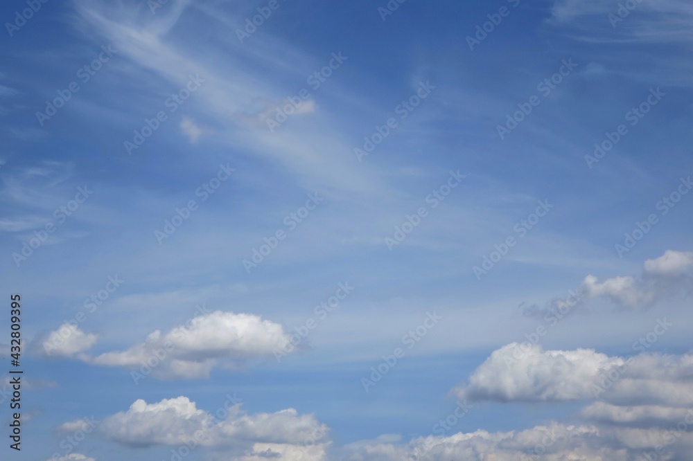 Clear blue sky with white clouds in summer time. Nature background concept.