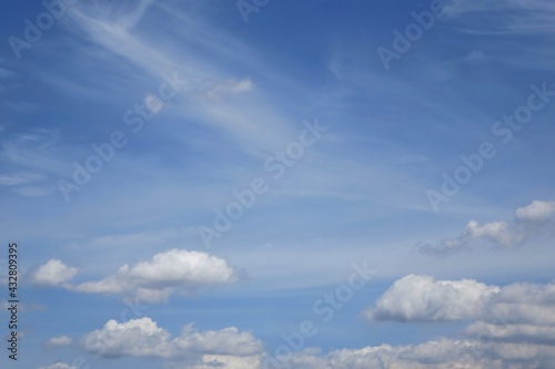 Clear blue sky with white clouds in summer time. Nature background concept. © Aungsumol