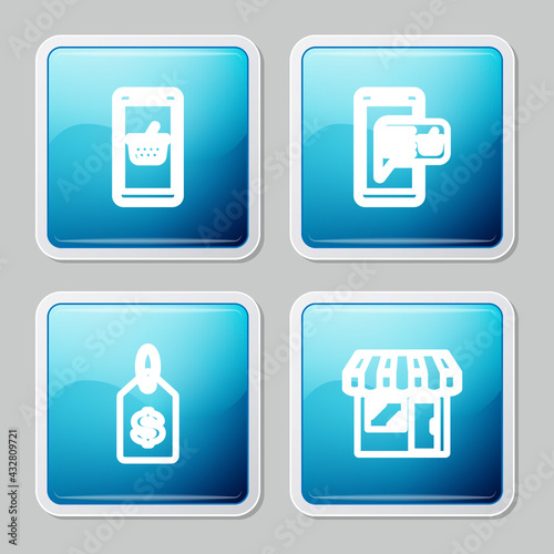 Set line Mobile and shopping basket, , Price tag with dollar and Market store icon. Vector