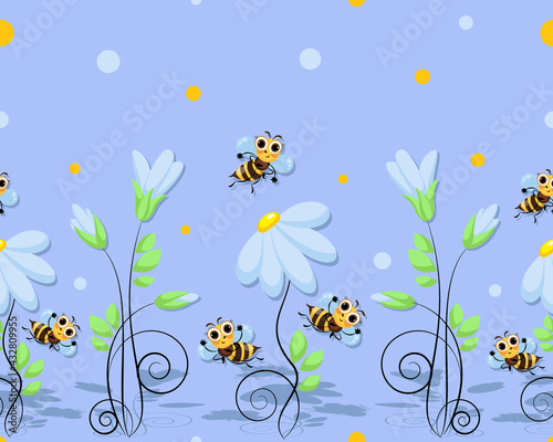 Bees fly. Swarm. Chamomile background, pattern. World Bee Day. Bee swarming, honey bees fly