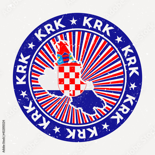 Krk round stamp. Logo of island with flag. Vintage badge with circular text and stars, vector illustration.