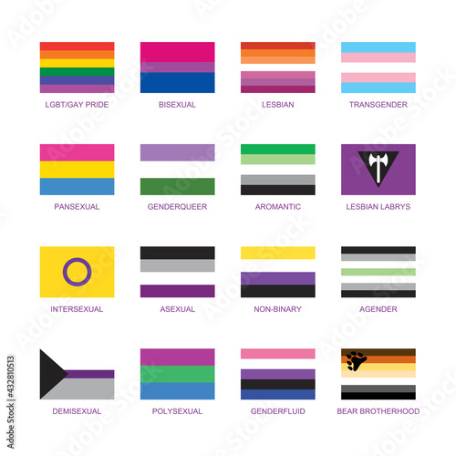 Different sexual identity pride flag icon set vector. Sexual identity flags collection isolated on a white background. LGBTQIA flag collection vector